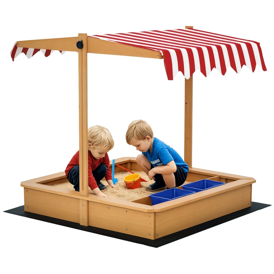image 1 of Outsunny Kids Wooden Sandbox Sand Pit Height Adjustable with Canopy Basins