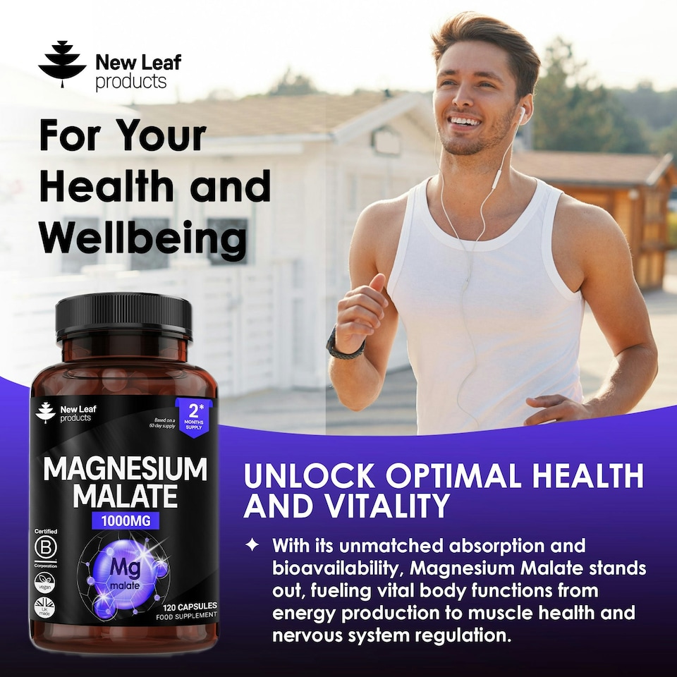 image 1 of Magnesium Malate Capsules - Bones & Joints, Sleep & Relaxation Support - Vegan 120 Capsules