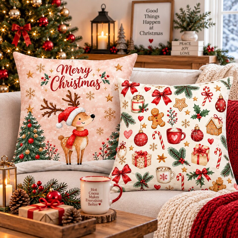 image 1 of Covers&All Christmas Decorative Square Throw Pillow Set of 2 with Inserts & Covers Accent Pillows for Sofa, Couch & Home Décor, Square 16 in x 16 in