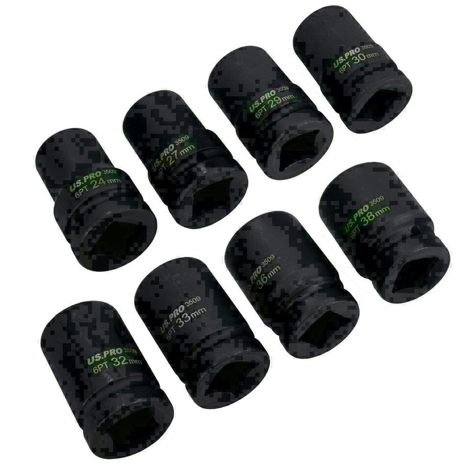 image 1 of 1in Drive Double Deep Metric MM Impact Sockets 6 Sided 24mm - 38mm 8pc