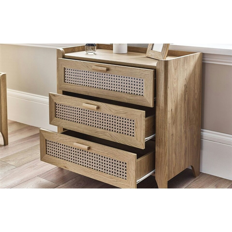 image 1 of Sleek 3 Drawer Rattan Oak Chest