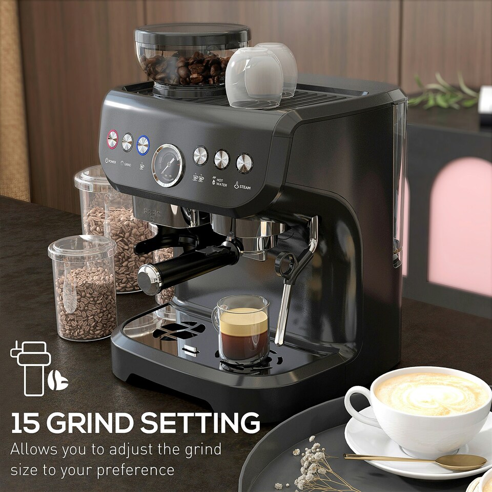 image 1 of HOMCOM Espresso Machine, Bean Grinder & Steam Wand, 15 Bar Pressure, Black