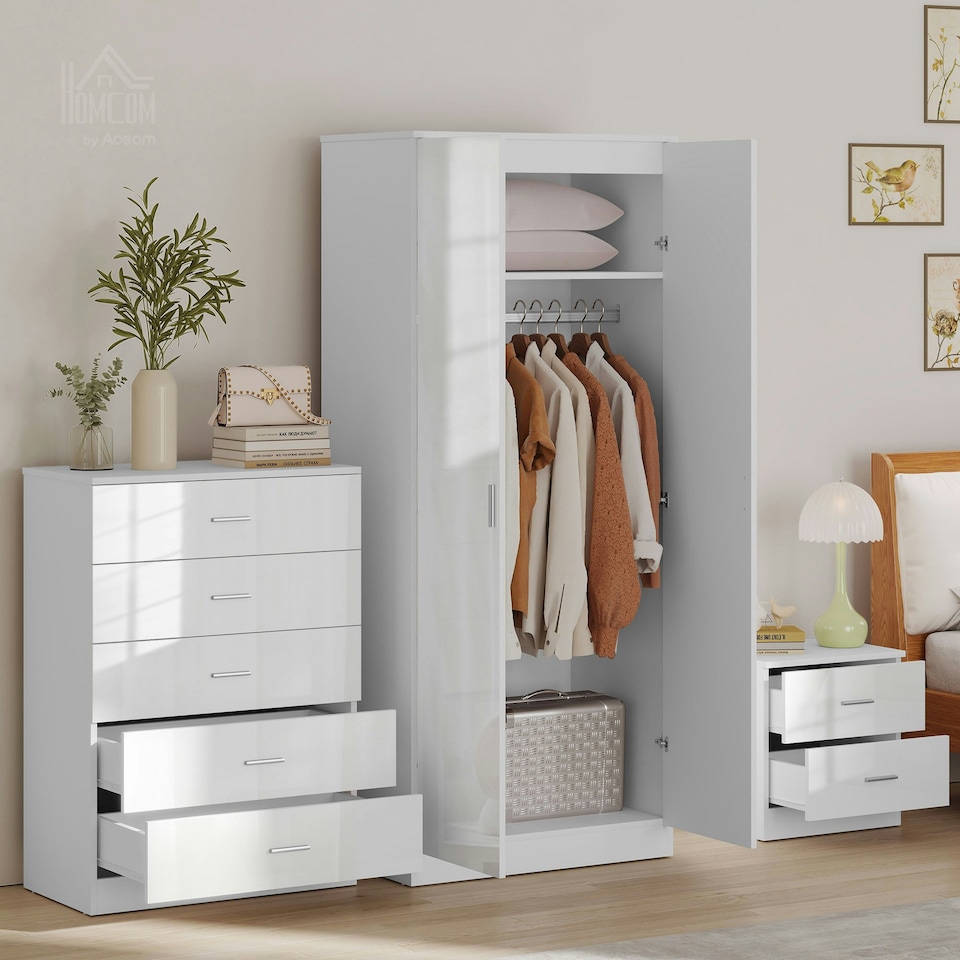 image 1 of HOMCOM High Gloss 3 Trio Wardrobe Set Drawers Bedroom Furniture Chest Bedside | White | One Size | 3