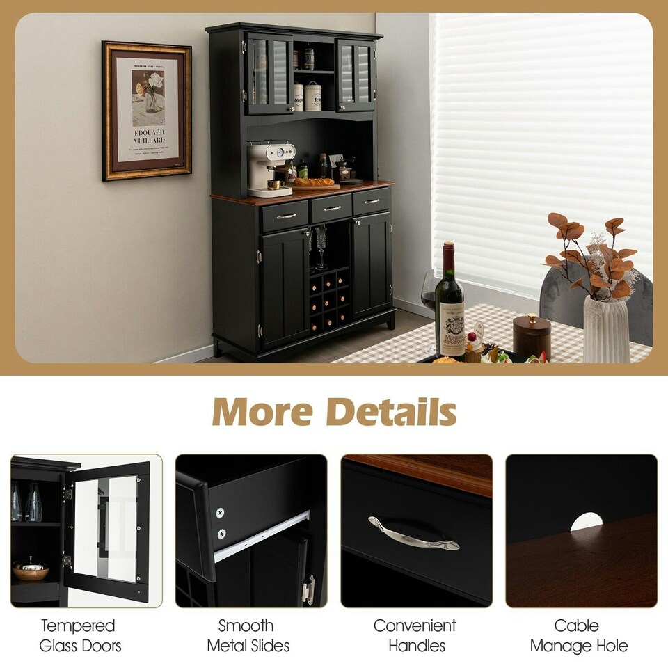 image 1 of COSTWAY Kitchen Cupboard with Adjustable Shelves and Drawers Black