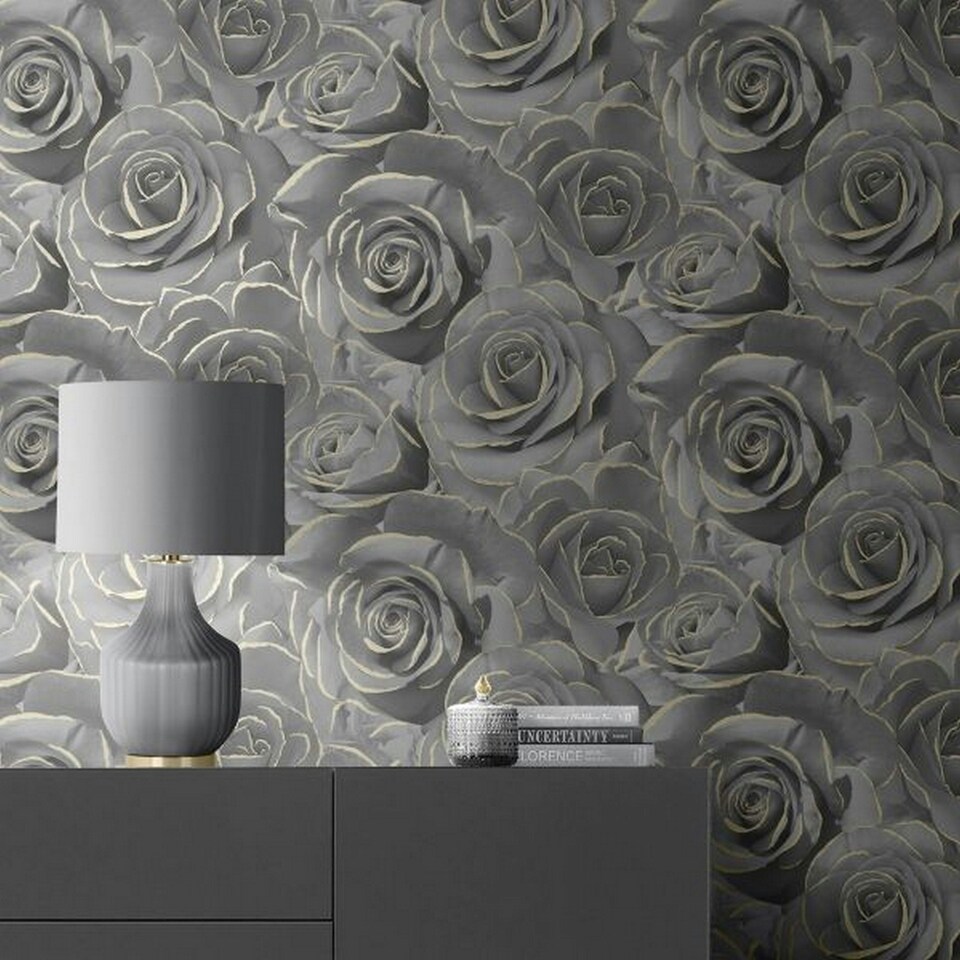image 1 of Muriva Madison Roses Wallpaper - Black - 10m x 53cm Black
