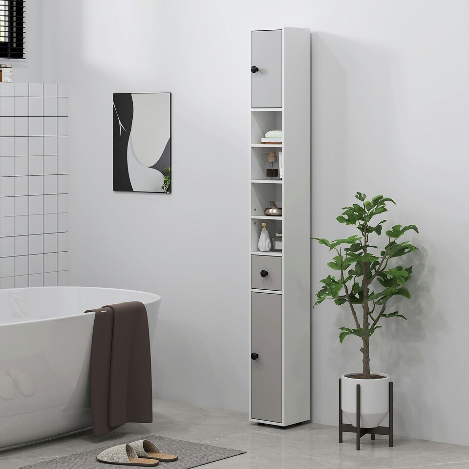image 1 of kleankin Slim Bathroom Cabinet, Toilet Roll Storage w/ Shelves, Light Grey | Grey | White | 180H x 20W x 20D cm