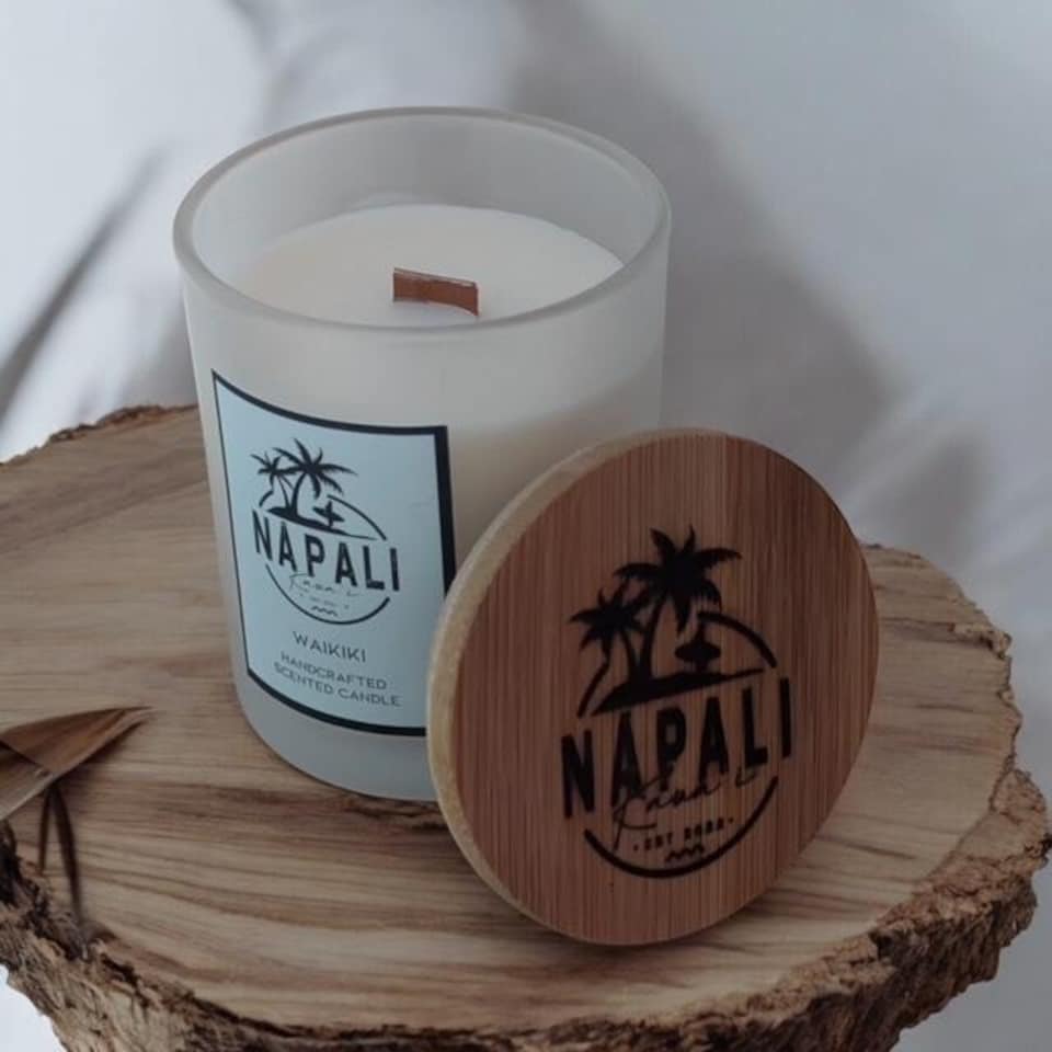 image 1 of NĀ PALI Handcrafted Hawaiian Candle | Crackling Wick | WAIKIKI | Tropical Scent White | One Size
