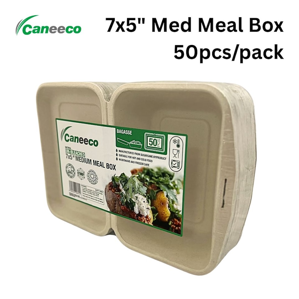 image 1 of Bagasse Sugarcane Takeaway Boxes 7x5 Clamshell Containers, PFAS Free, TUV Home Compostable Certified Food Boxes for Hot & Cold Meals, Restaurants, Parties & Catering