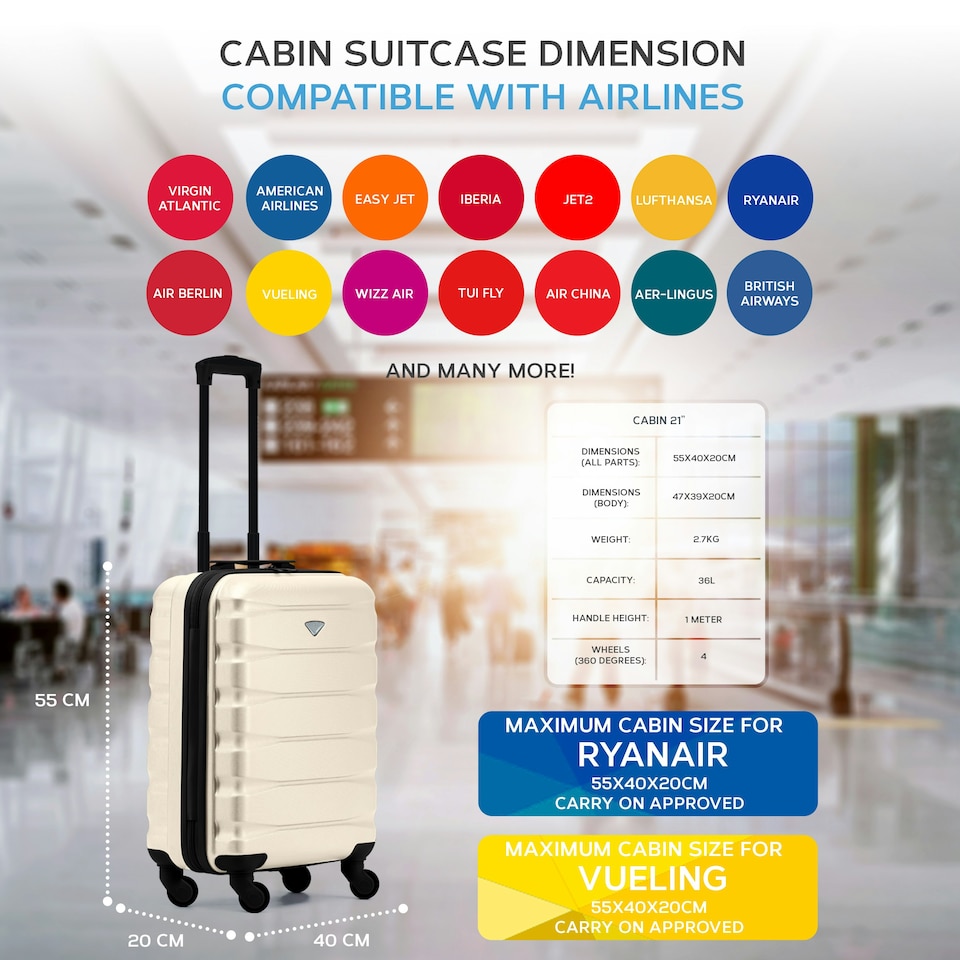 image 1 of 55x40x20cm Ryanair (Priority) TUI, Carry on Cabin Suitcase Hard Shell Approved for 60+ Airlines Cream | Cream/Black | Cabin Bag