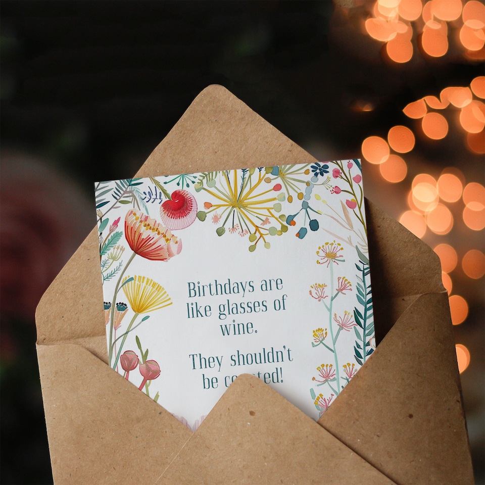 image 1 of Greeting Card Happy Flowers Wine Glasses Not Counted Funny Birthday