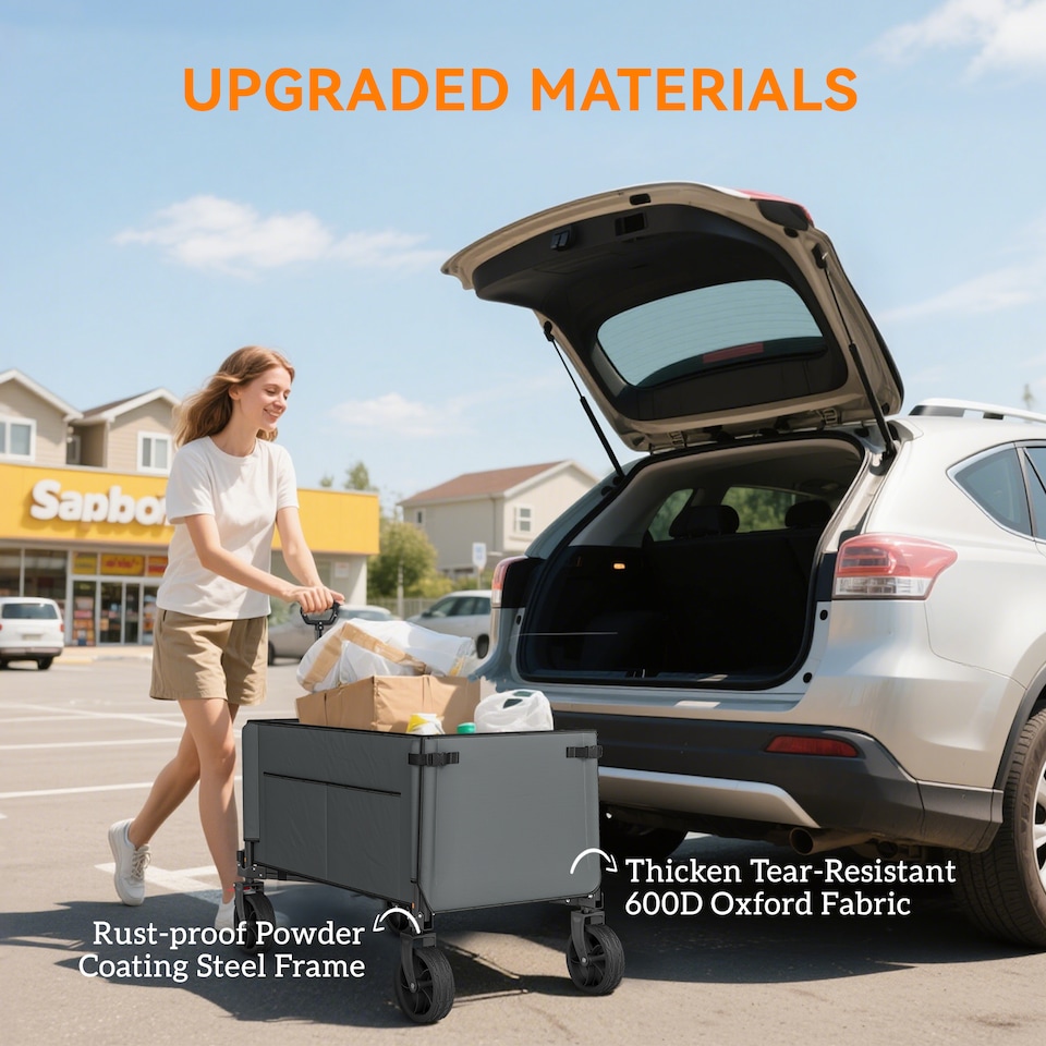 image 1 of Outsunny Folding Trolley on Wheels, Garden Cart with Openable Sides, Grey