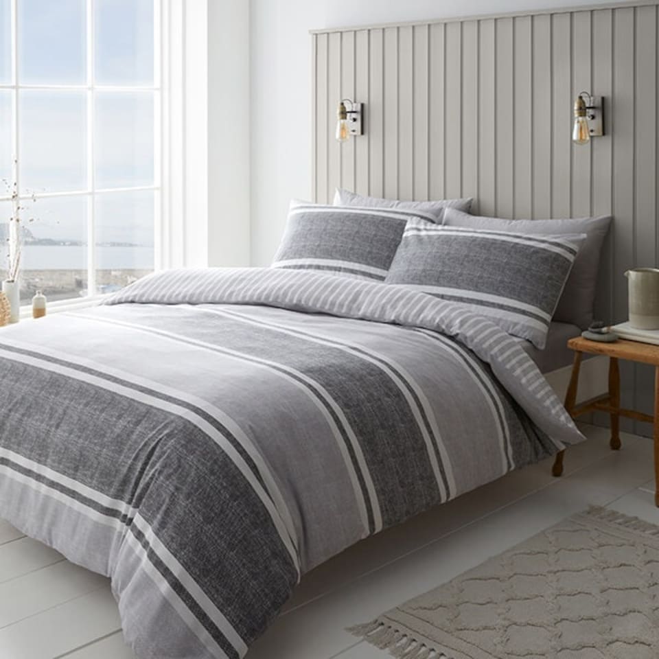 image 1 of Catherine Lansfield Textured Banded Stripe King Duvet Set Charcoal Grey | King