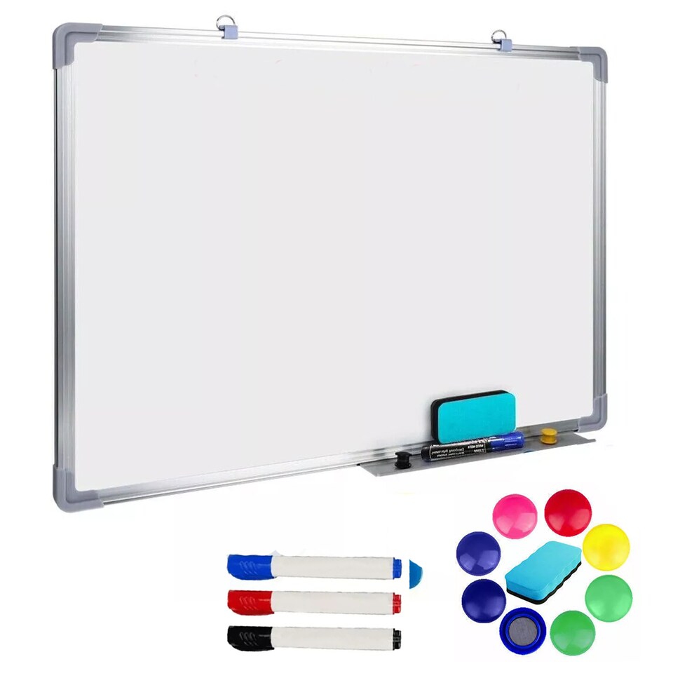 image 1 of 2x Magnetic Whiteboard 900 x 600mm Silver Aluminum Frame Lightweight Hanging Dry Wipe White Board Office, School & Home Writing