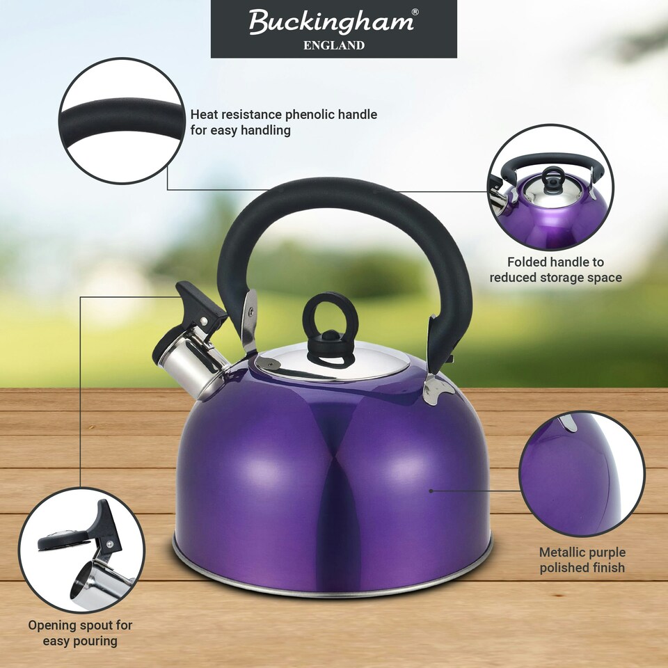 image 1 of Buckingham Stainless Steel Camping Whistling Kettle 2.5 Litre , Metallic Purple