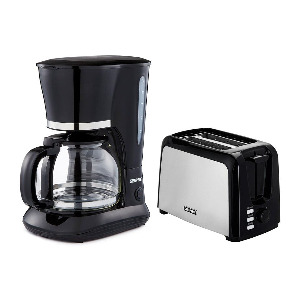 GEEPAS 1.5L Filter Coffee Machine & 2 Slice Toaster Set