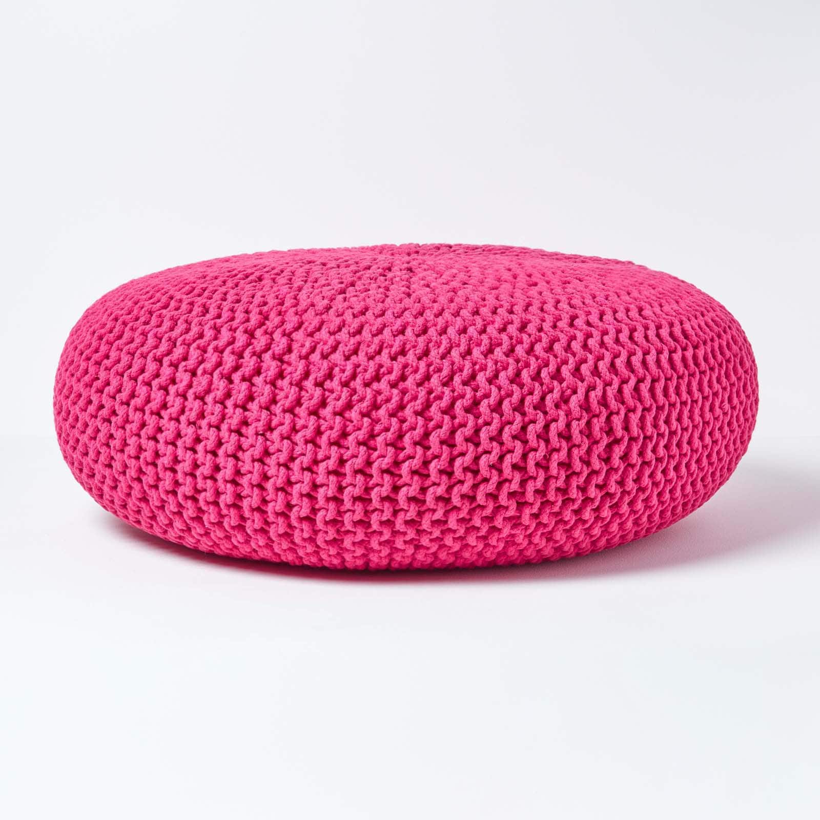 Homescapes Hot Pink Large Round Cotton Knitted Pouffe Footstool