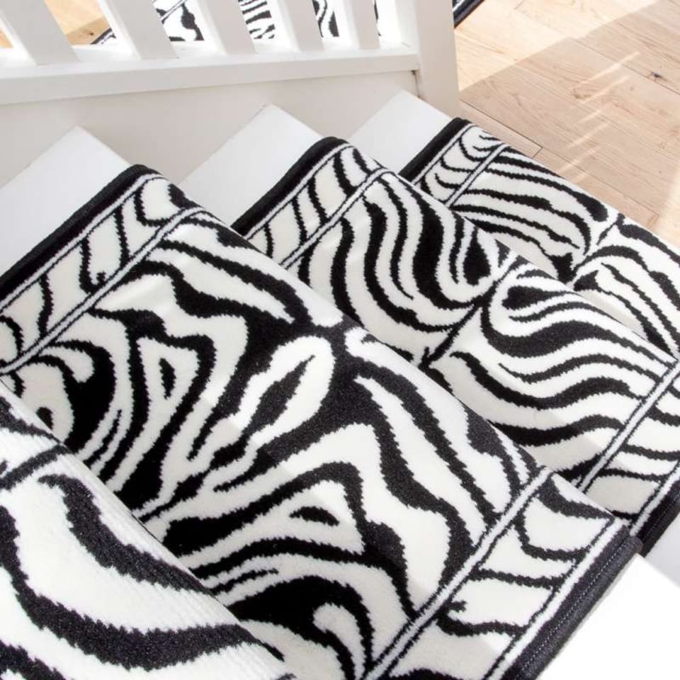 image 1 of KUKOON Black & White Zebra Print Cut to Measure Stair Carpet Runner Rug 60cm Wide 60cm x 600cm