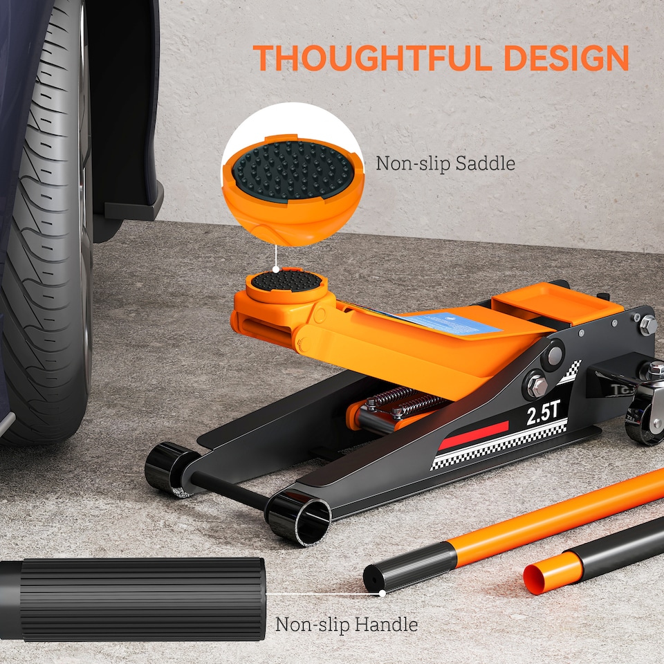 image 1 of HOMCOM 2.5 Ton Hydraulic Low Profile Floor Jack, Heavy Duty Car Trolley Jack Lift with 7.5-47cm Lifting Range, Dual Piston Pump, Wheels, Non-slip Handle for Car Van Garage Tyre Repair Change, Orange