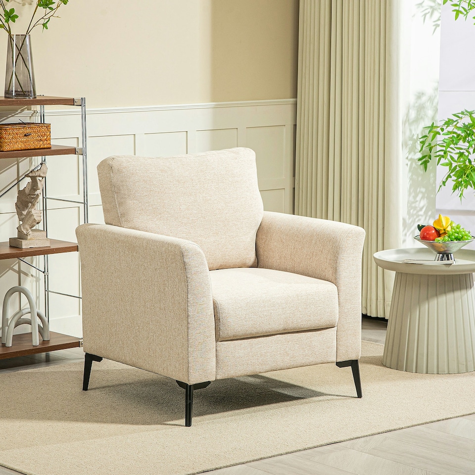 image 1 of HOMCOM Linen Fabric Modern Accent Chair with Metal Legs, Wood Frame, Beige