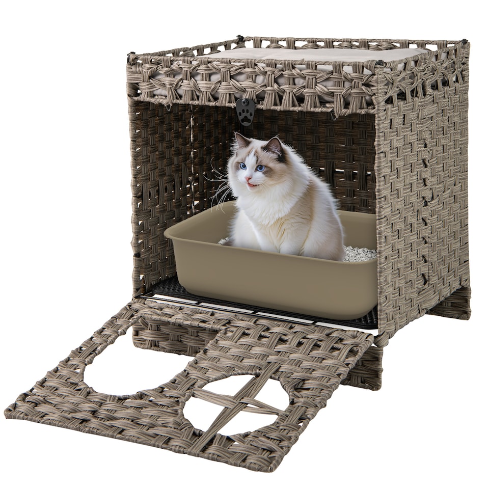 image 1 of COSTWAY Foldable 2-tier Rattan Cat Litter Box Enclosure With  Litter Mat-Gray