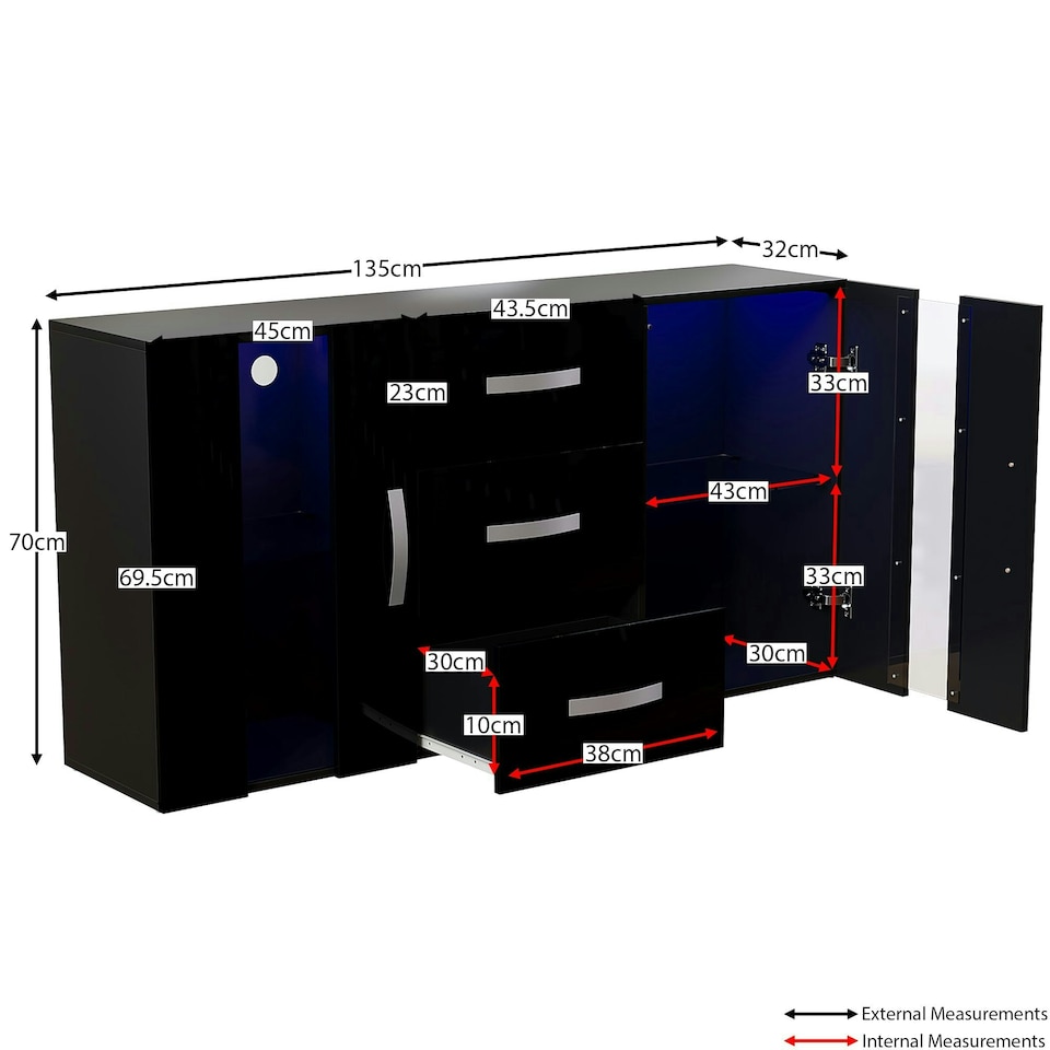 image 1 of Vida Designs Astro 2 Door 3 Drawer LED Sideboard Buffet Cabinet Storage, Black