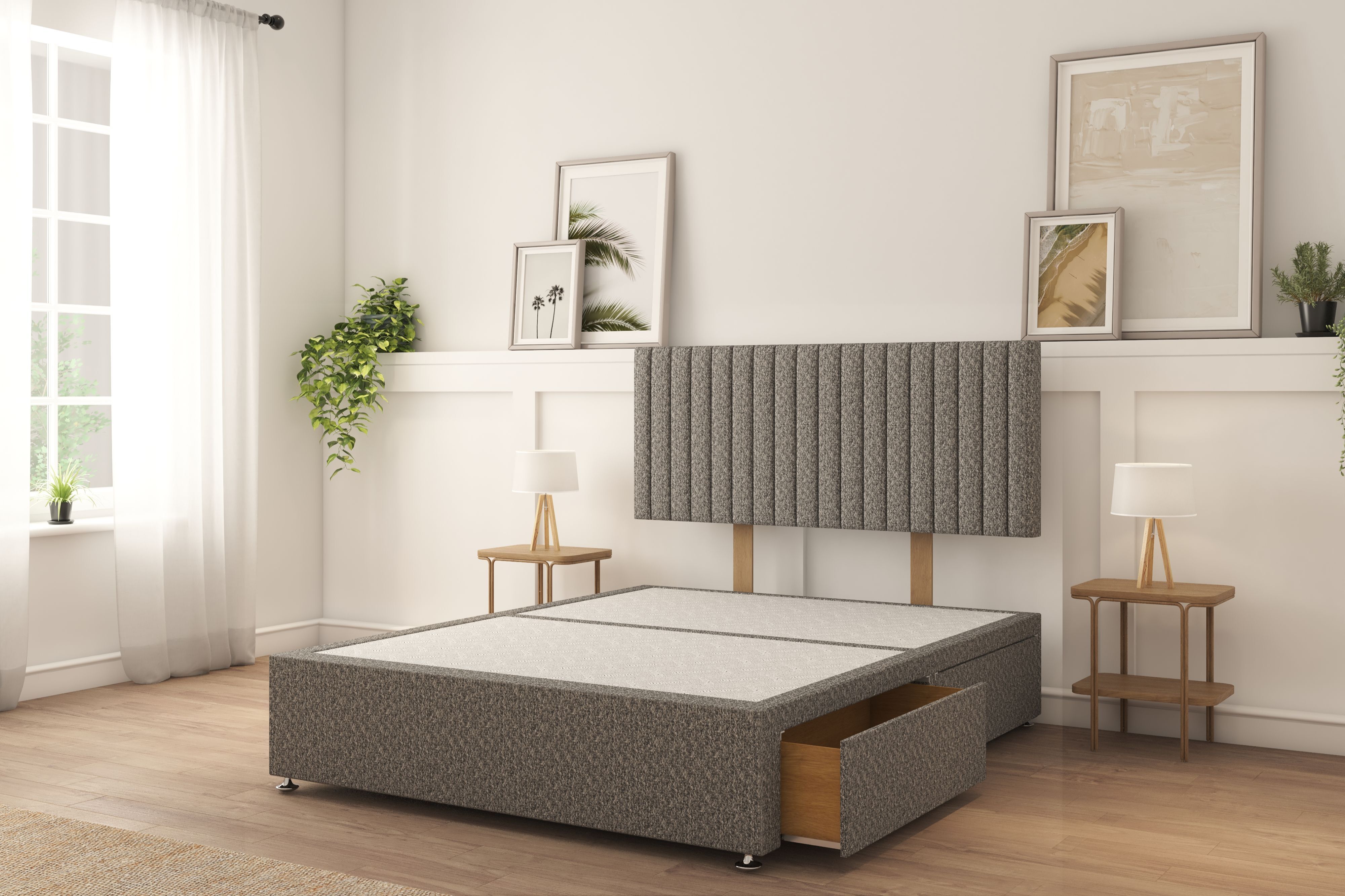 Sloomy Manhattan Pewter Tweed Divan Bed Base 2 Drawers Foot-End With 26" Strutted Headboard 4'6 Double
