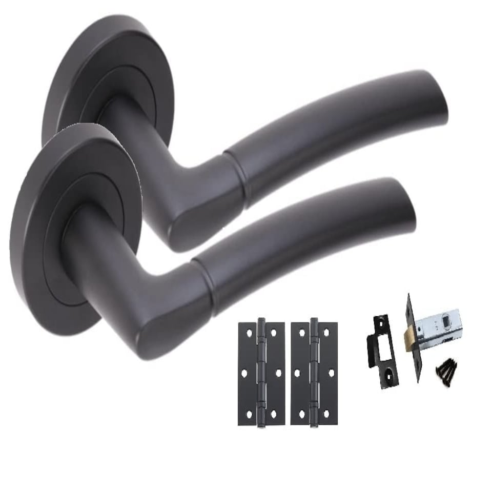image 1 of Golden Grace 5 Pairs Indiana Style Modern Door Handles Lever Latch on Round Rose in Matt Black Finish with Latches and Ball Bearing Hinges | Black | 5 Pairs