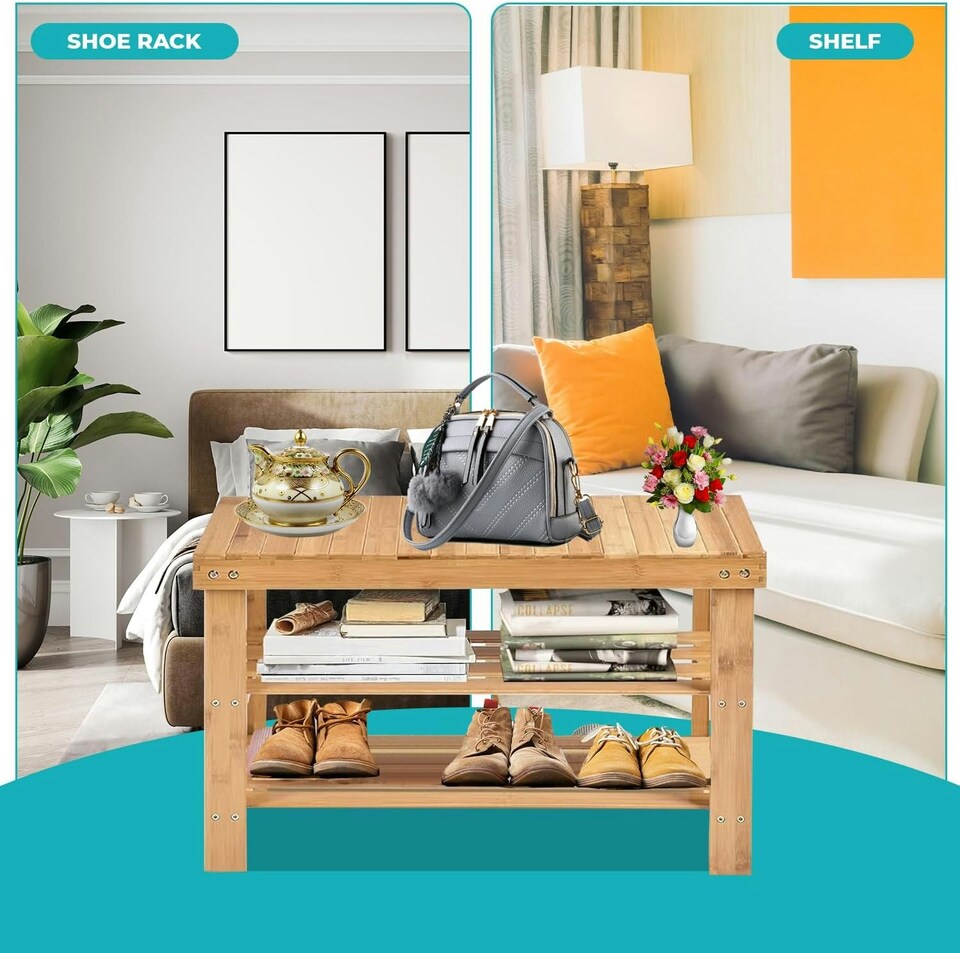 image 1 of Bamboo Shoe Bench 3-Tier Shoe Rack Stand Seater Shoes Organizer Storage Shelf | Brown | 1