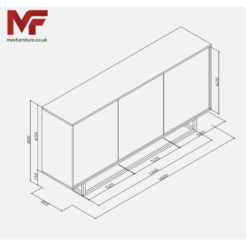image 1 of Sideboard 160cm Oak Matt Body & Doors – 3 Door Cabinet with Black Metal Legs Bronze