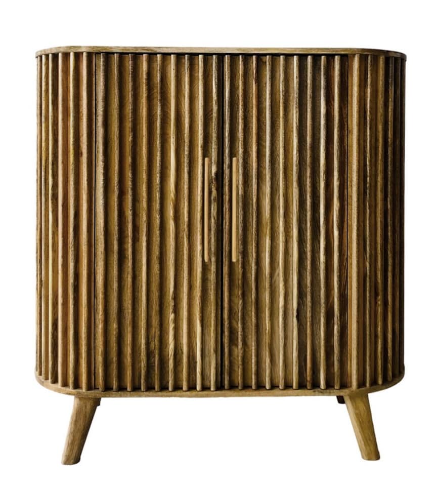 image 1 of Slated 2 Door Highboard Cabinet - Mango Wood - L45 x W106.5 x H110 cm - Light Finish - Assembly Required