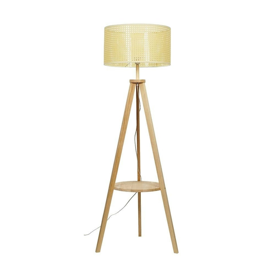 image 1 of ValueLights Morrigan Wicker Shade Wooden Tripod Floor Lamp & Bulb | Cream