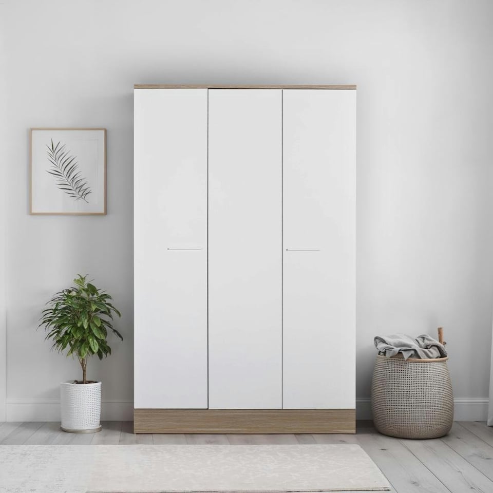 image 1 of Adore Teen White & Oak 3 Door Wardrobe with Shelves White