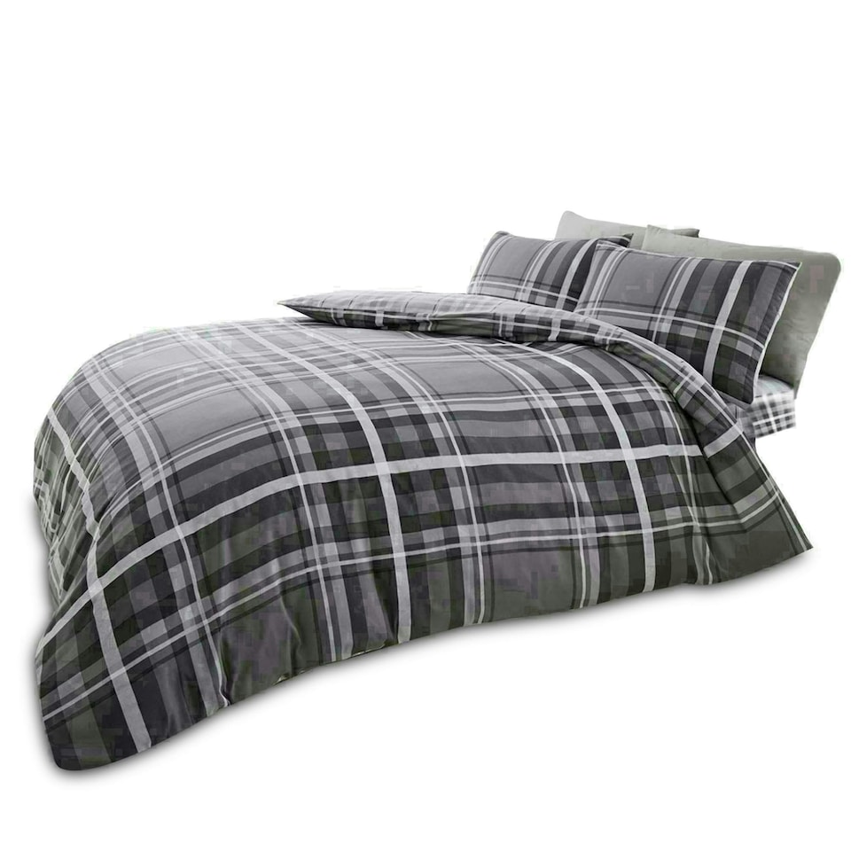 image 1 of Newton Tartan Check Duvet Cover Set Reversible Polycotton Beddings Grey | King