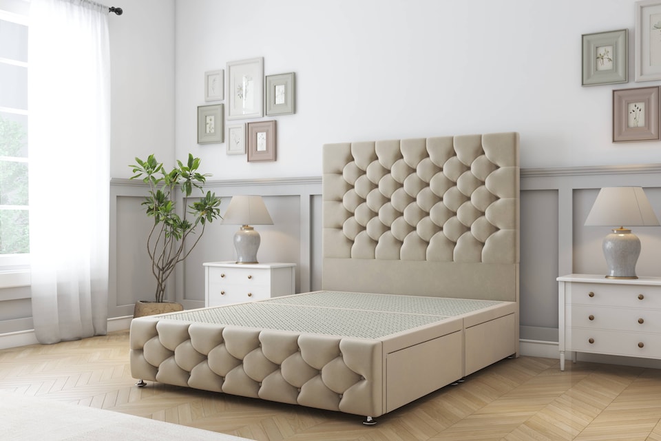 image 1 of Sloomy Watson Almond Coniston Divan Bed Base 2 Drawers Left Side With 54 Inch Floor Standing Headboard & 12 Inch Matching Footboard | Cream | Almond | Small Single | 1