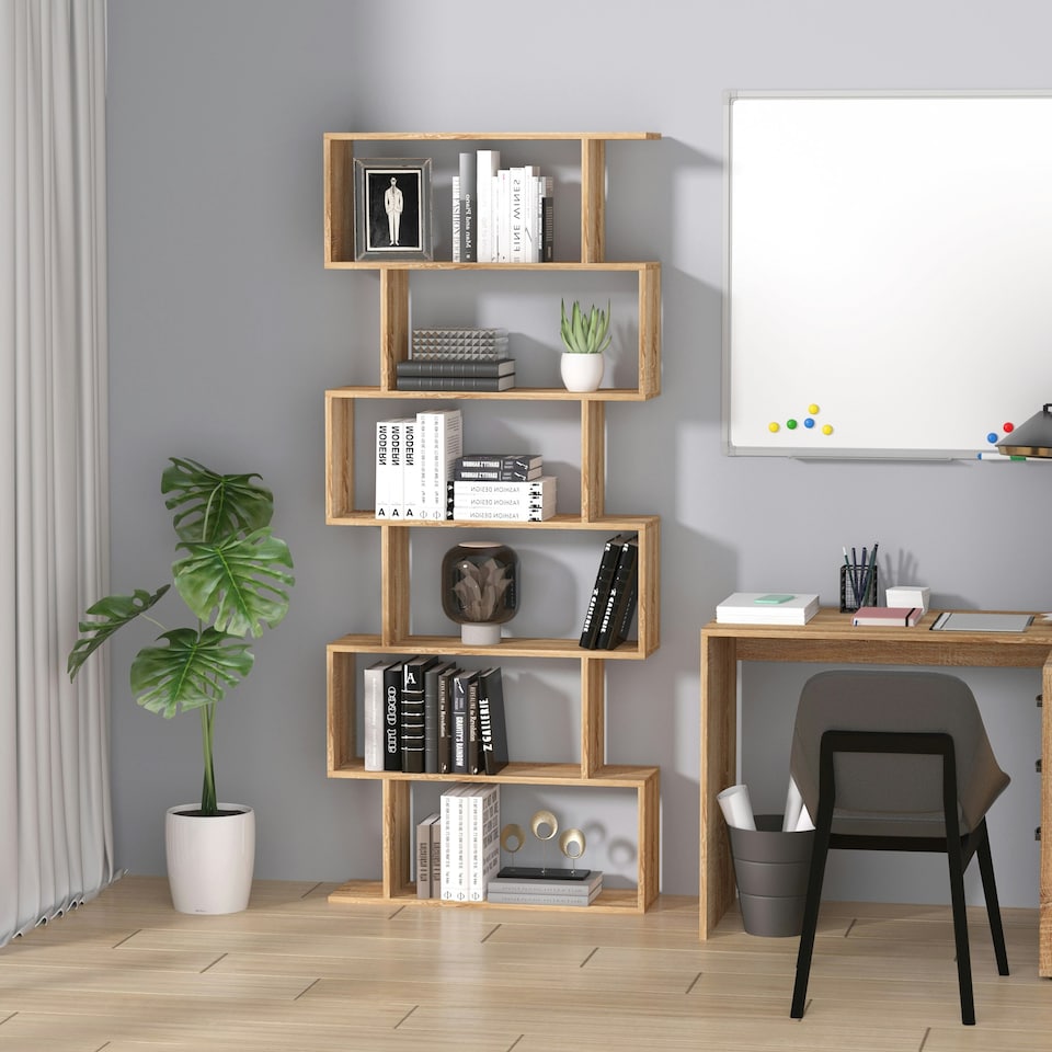 image 1 of HOMCOM 6-Tier Wooden Modern S-Shaped Shelf Storage Unit Home Office Oak Colour
