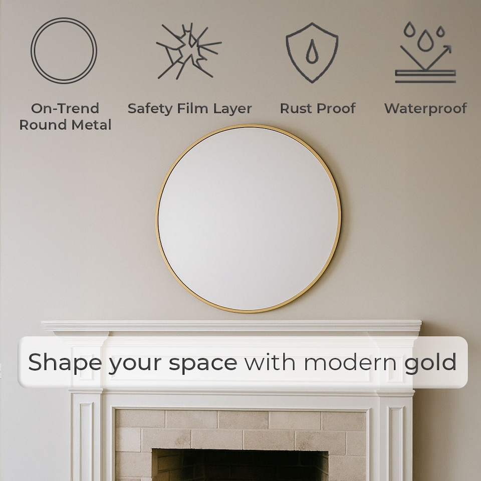 image 1 of Neo 50cm Gold Round Metal Frame Wall Mirror Float Glass HD Reflection Anti Rust Moisture Proof Wall Mounted Bathroom Bedroom Hallway Living Room Vanity | Gold | Gold