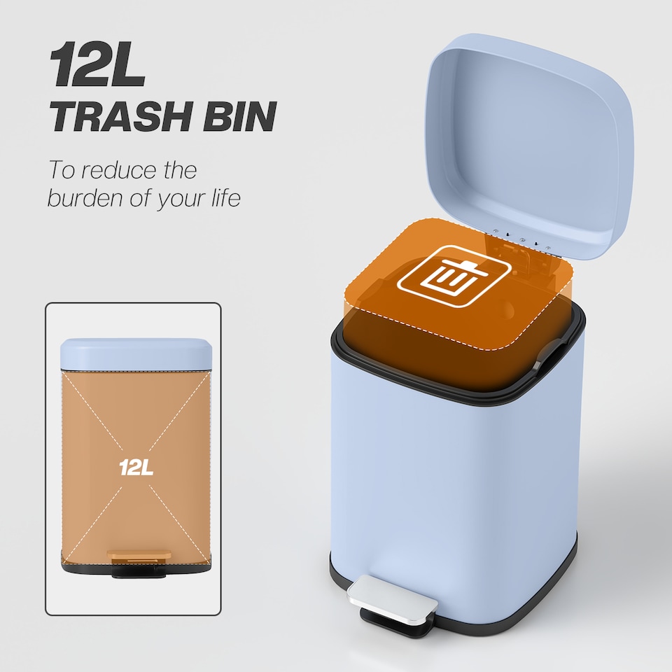 image 1 of HOMCOM 12L Kitchen Pedal Bin, Metal Rubbish Bin with Soft-close Lid, Light Blue