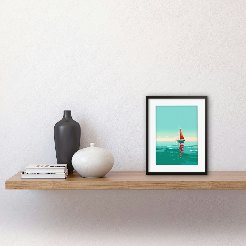 image 1 of A Sailboat a Red Sail Sailing a Calm Sea 9x7" Black Framed Wall Art Print
