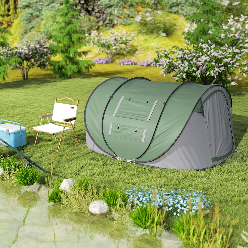 image 1 of Outsunny Camping Tent Dome Pop-up Tent with Windows for 4-5 Person Dark Green