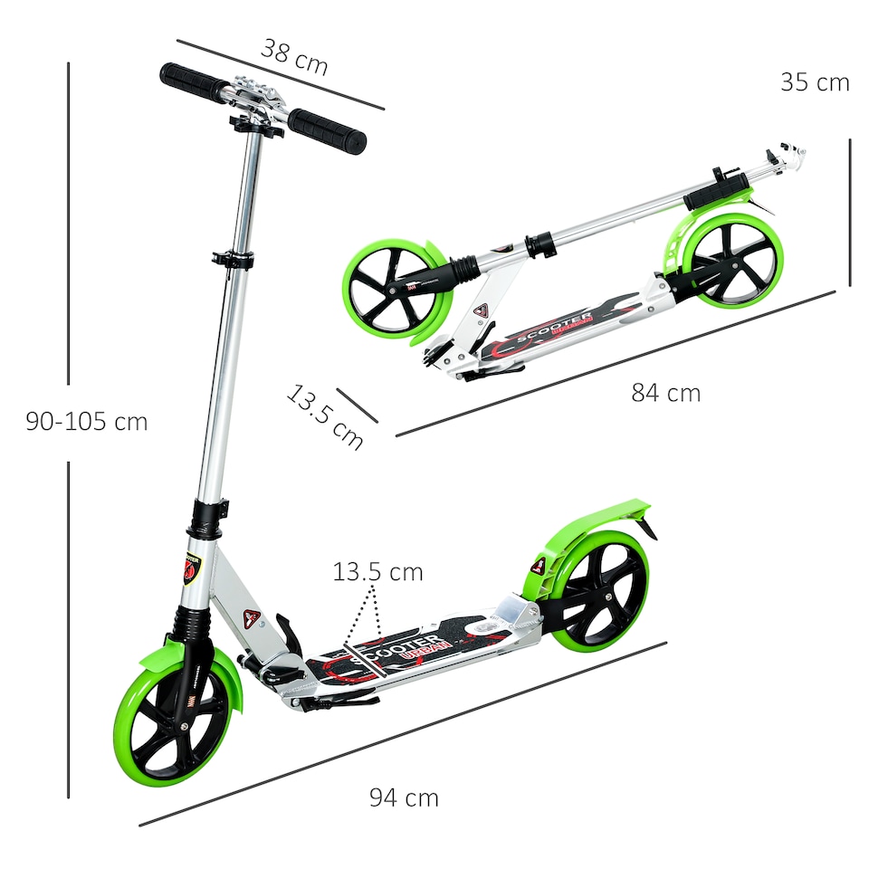 image 1 of HOMCOM Folding Kick Scooter, Adjustable Ride On Scooter with 200mm Big Wheels and Double Shock Absorption, Urban Scooter for 14 older Teens Adult, Green | Green | Green | 94L x 38W x 90-105H cm