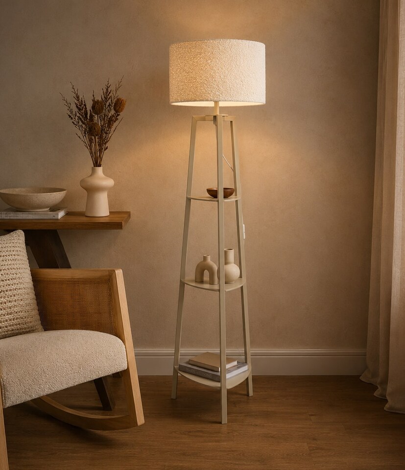 image 1 of ValueLights Hiru Cream 3 Shelf Floor Lamp Cream Boucle Shade