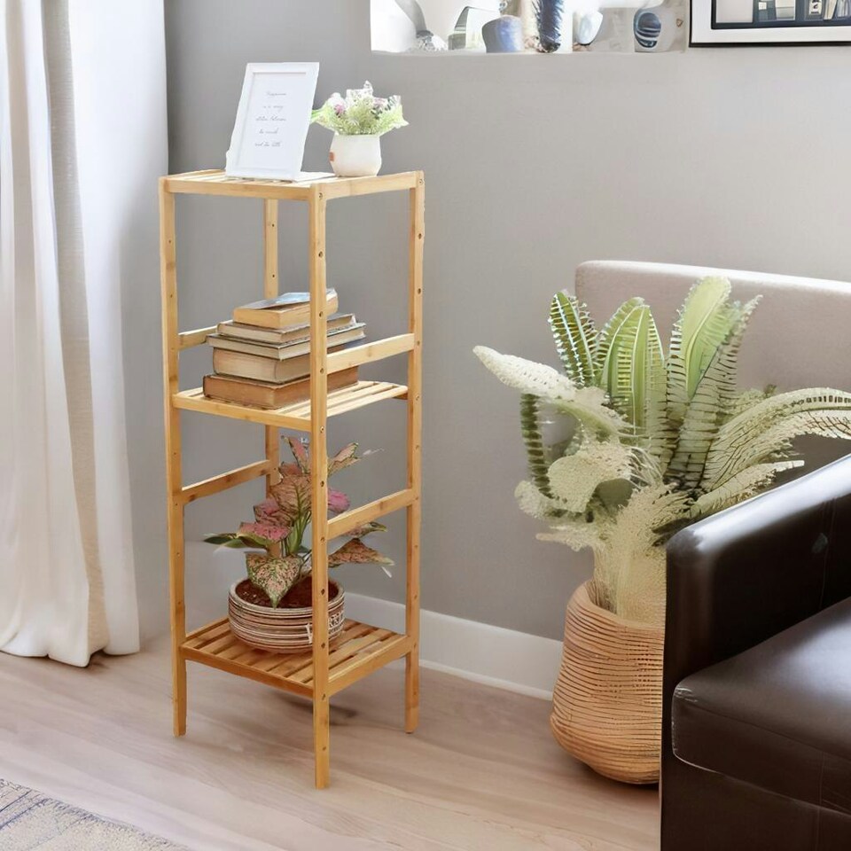 image 1 of 4 Tier Adjustable Wooden Standing Shelving Rack Unit Natural Brown Brown | One Size