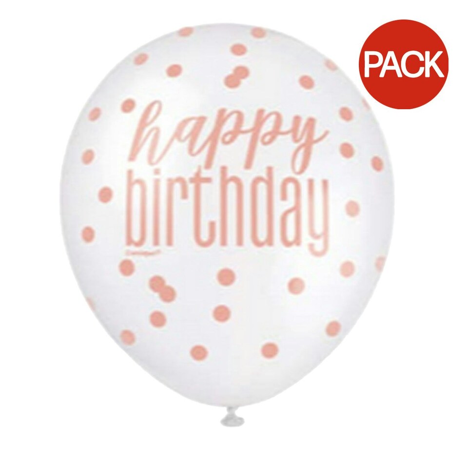 Unique Party Latex Glitz Happy Birthday Balloons (Pack of 5) - White/Rose Gold - One Size