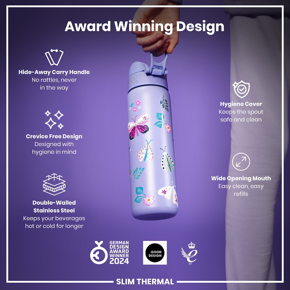 image 1 of Leak Proof Slim Water Bottle, Vacuum Insulated, 500ml (17oz) | Purple | Butterflys | One Size