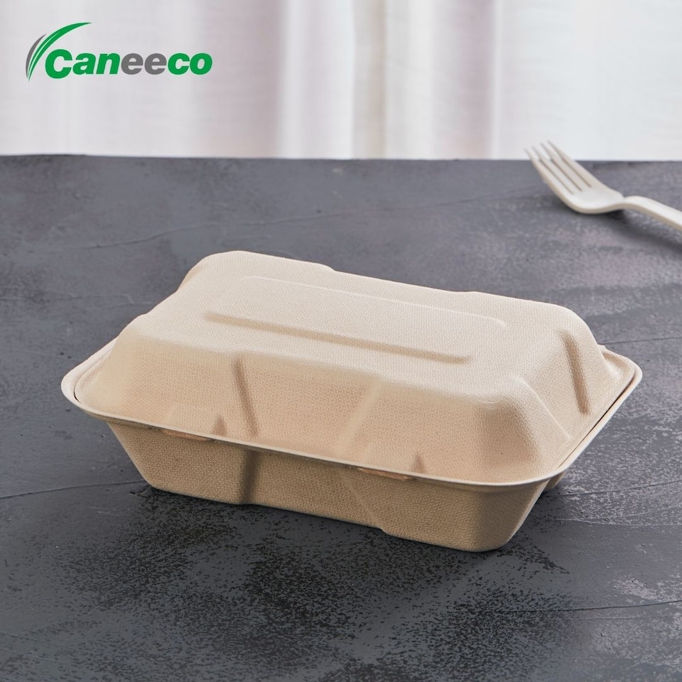 image 1 of Bagasse Sugarcane Takeaway Meal Boxes 9x6 Clamshell Food Containers TUV Home Compostable Certified, Unbleached, PFAS Free & Sturdy for Hot & Cold Food, Restaurants, BBQs Parties