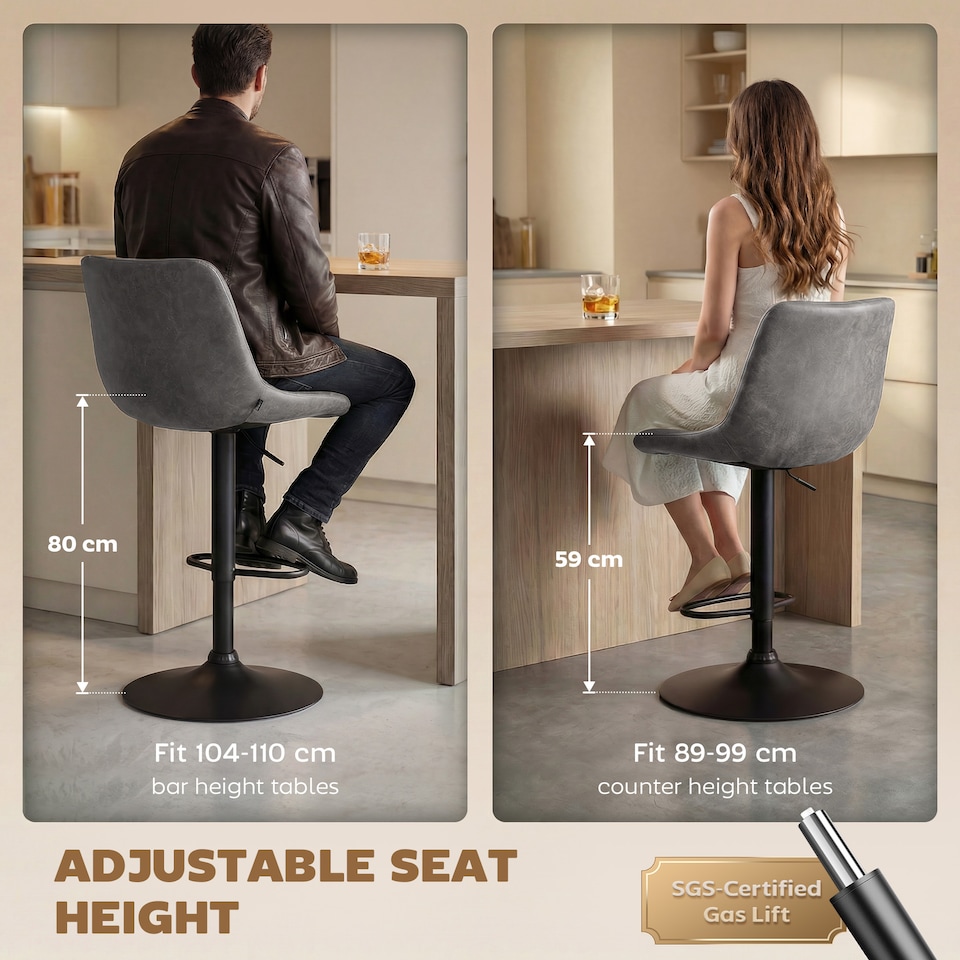 image 1 of HOMCOM Bar Stools Set of 2 Adjustable Swivel Bar Chairs with Backrest Grey