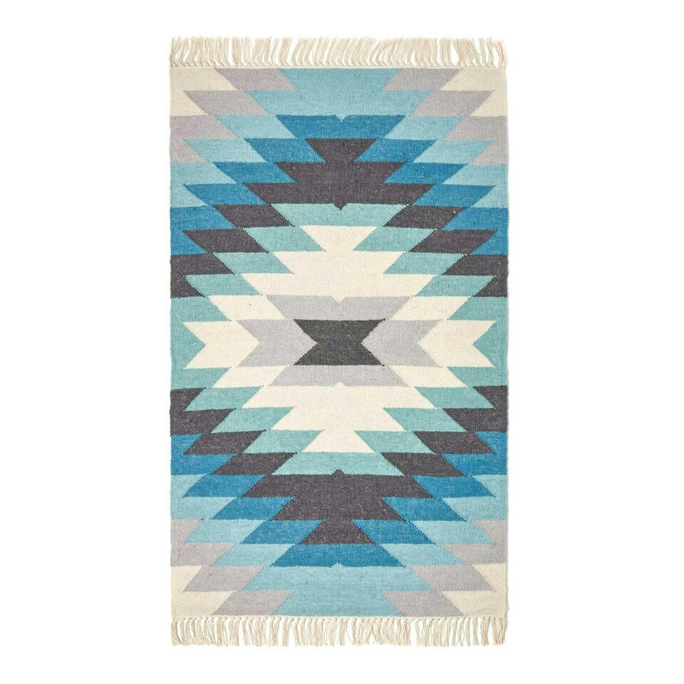 image 1 of Homescapes Helsinki Handwoven Geometric Blue Grey and Cream Kilim Wool Rug - 90 x 150 cm | Blue | Blue, green, grey and cream