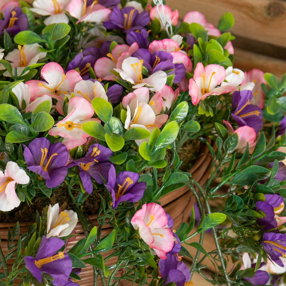 image 1 of Large Outdoor Artificial Hanging Flower Basket with Petunias and Removable Chain Brown