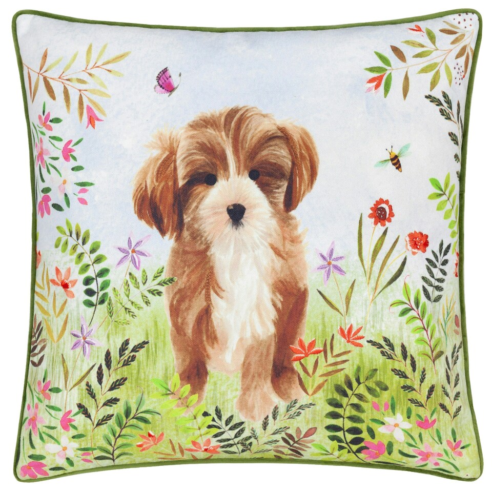 image 1 of Evans Lichfield Daisy Hill Charlie Printed Multicolour/Green Cushion Cover 45 x 45 cm Multi