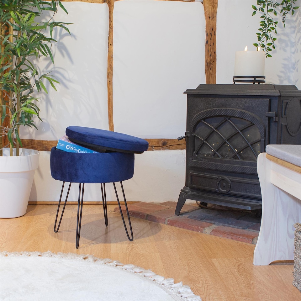 image 1 of Harbour Housewares Round Velvet Storage Footstool - H45 x D36cm - Blue/Black | Blue | Blue/Black